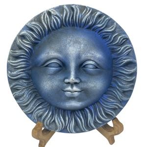 Stoneware 11.5 Garden Sun Wall Art Plaque Sunburst Celestial Sculpture Blue